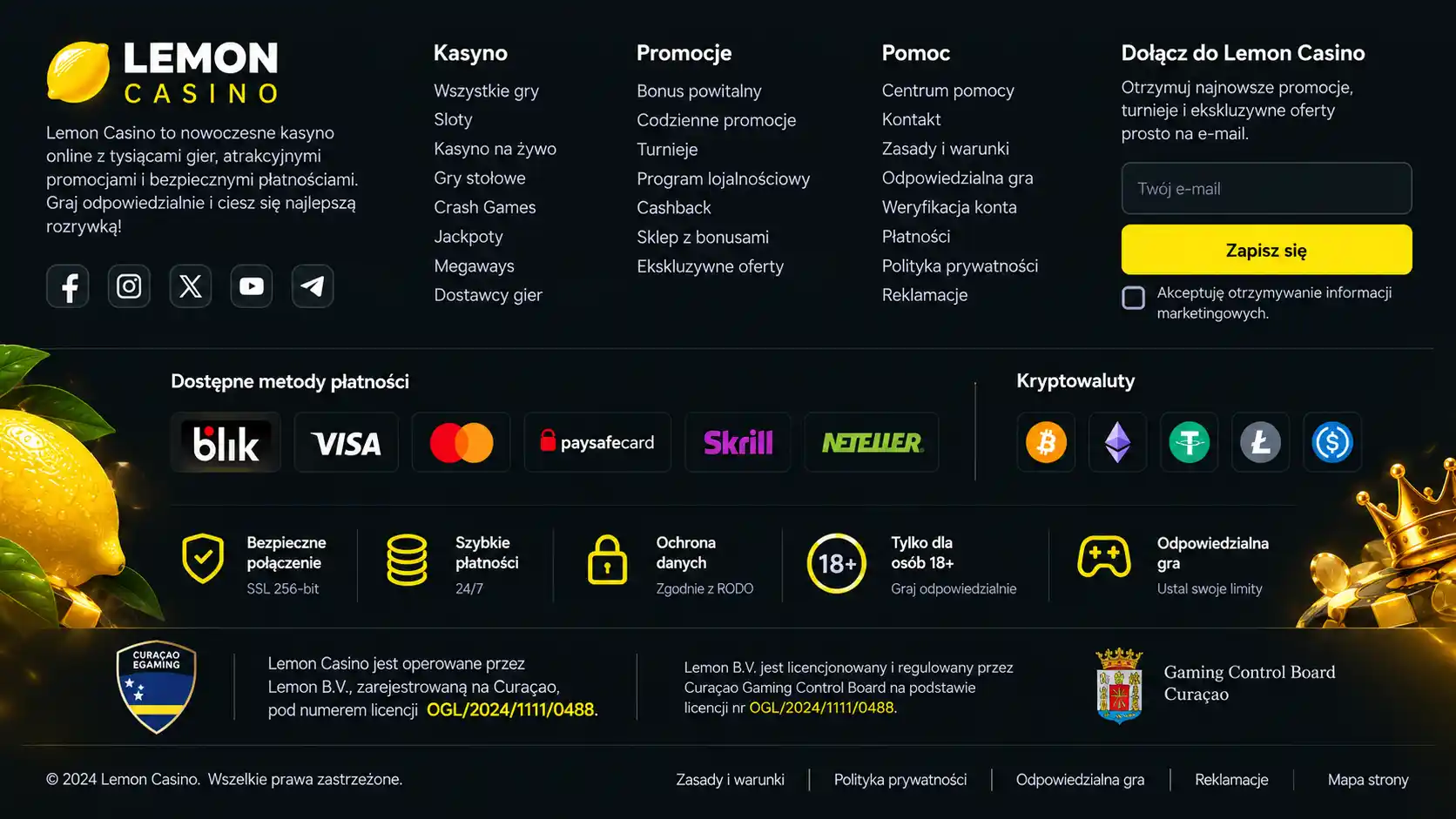 Stopka strony Lemon Casino z numerem licencji OGL/2024/1111/0488 i danymi operatora Lemon B.V.