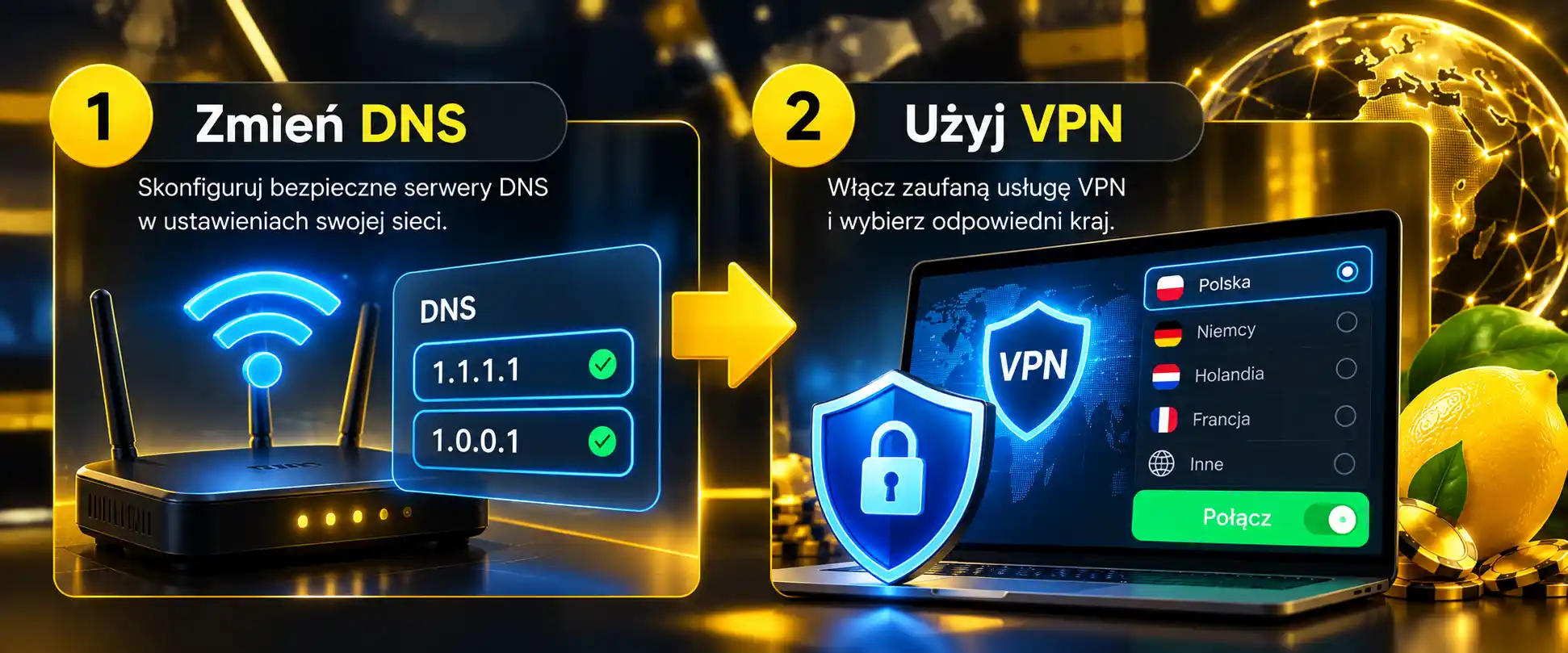 Infografika: zmiana DNS i VPN – dwa sposoby dostępu do Lemon Casino gdy strona jest zablokowana