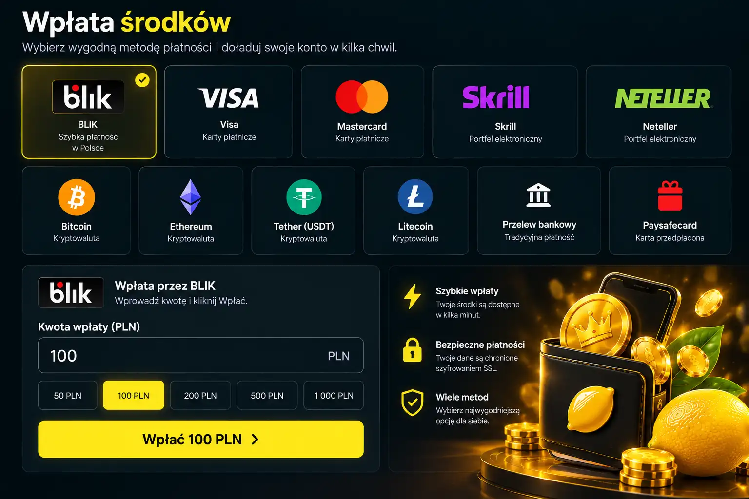 Panel metod płatności Lemon Casino z BLIK, Visa, Mastercard, Skrill, Neteller i kryptowalutami