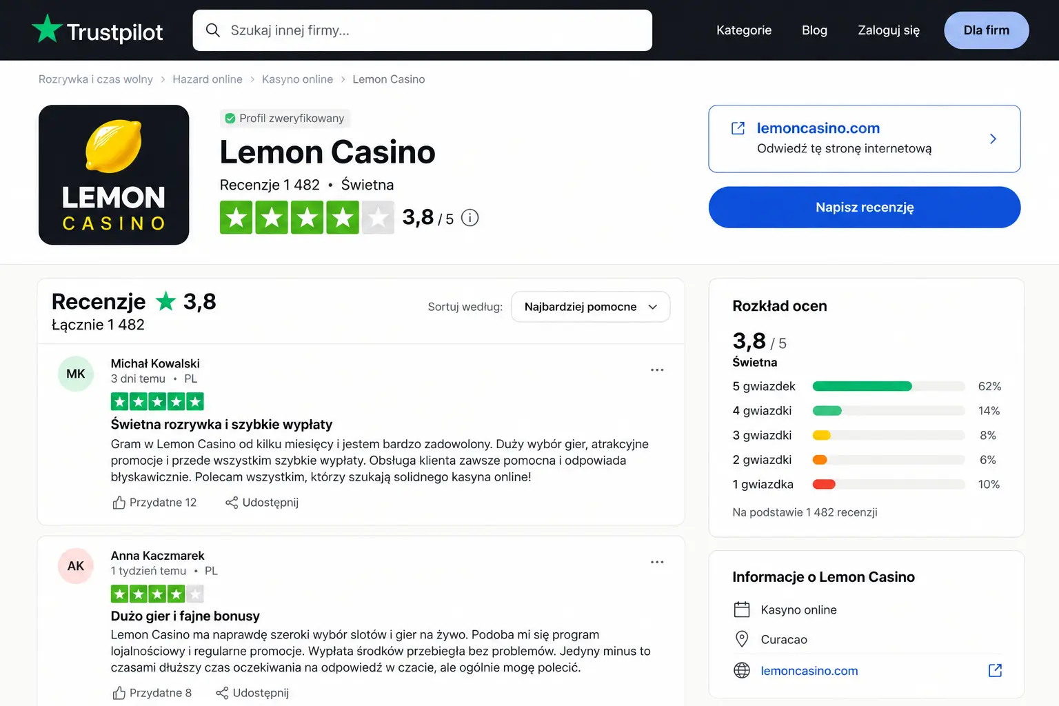 Strona Lemon Casino na Trustpilot z oceną 4,4 z 5 na podstawie 1482 recenzji graczy